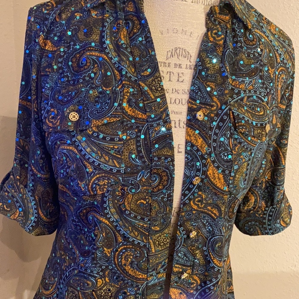 Rebecca Malone sequin shirt button down blouse S​ - Picture 3 of 8